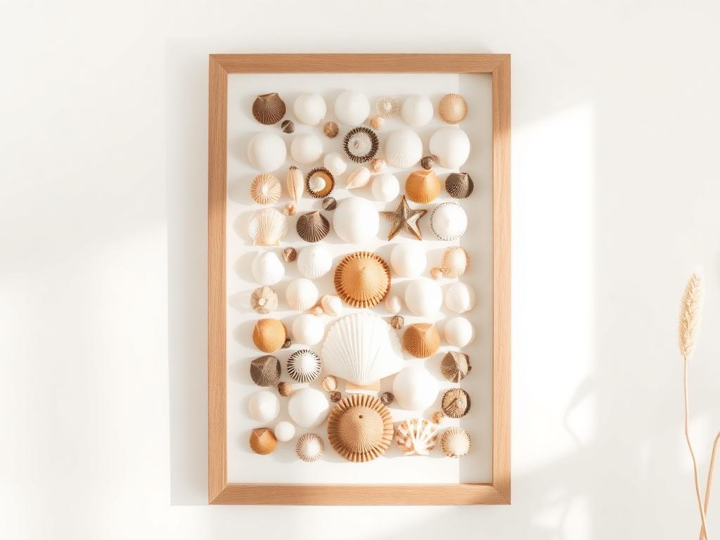 An arrangement of framed shell prints and mounted shells on a wall