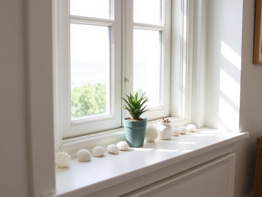 A row of seashells arranged along a sunlit windowsill