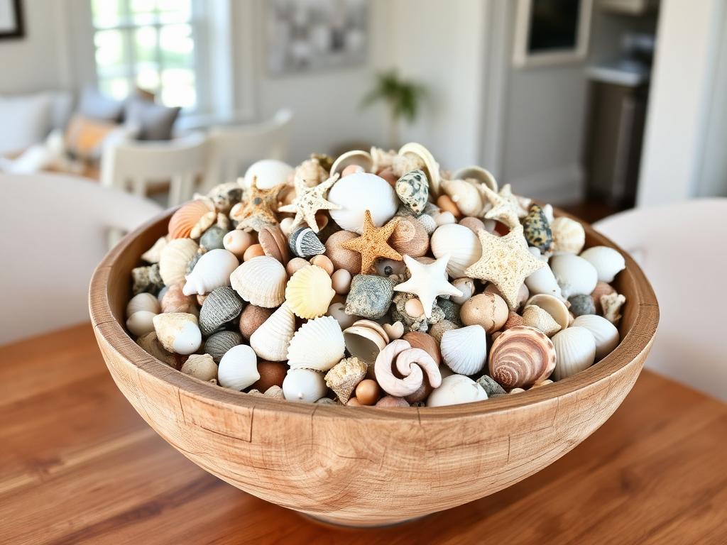 A rustic carved wooden bowl overflowing with natural seashells