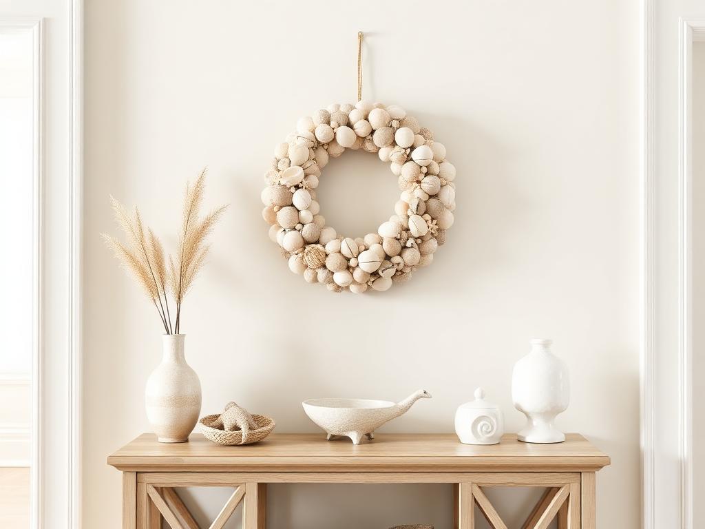 A decorative wreath made of layered seashells on a door