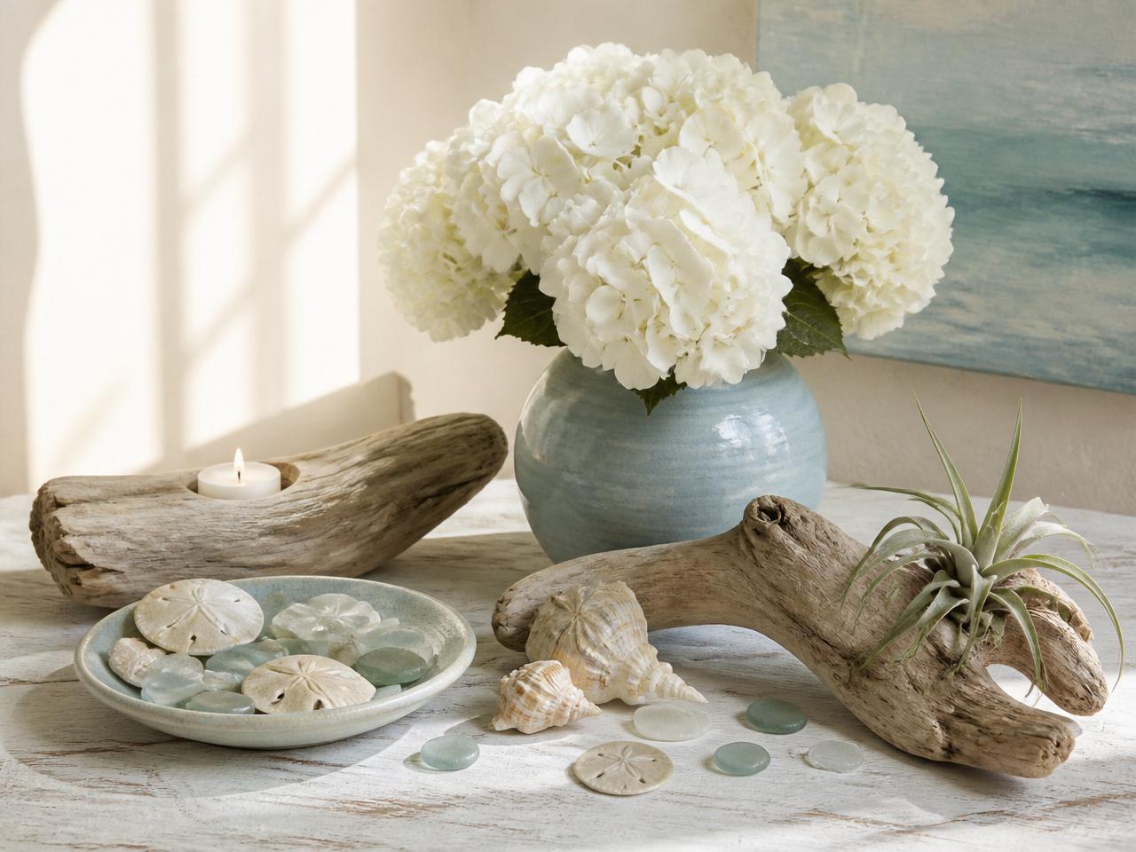 Driftwood candle holder and air plant beside seashells, sea glass, sand dollars, and white hydrangeas on a whitewashed table in morning light