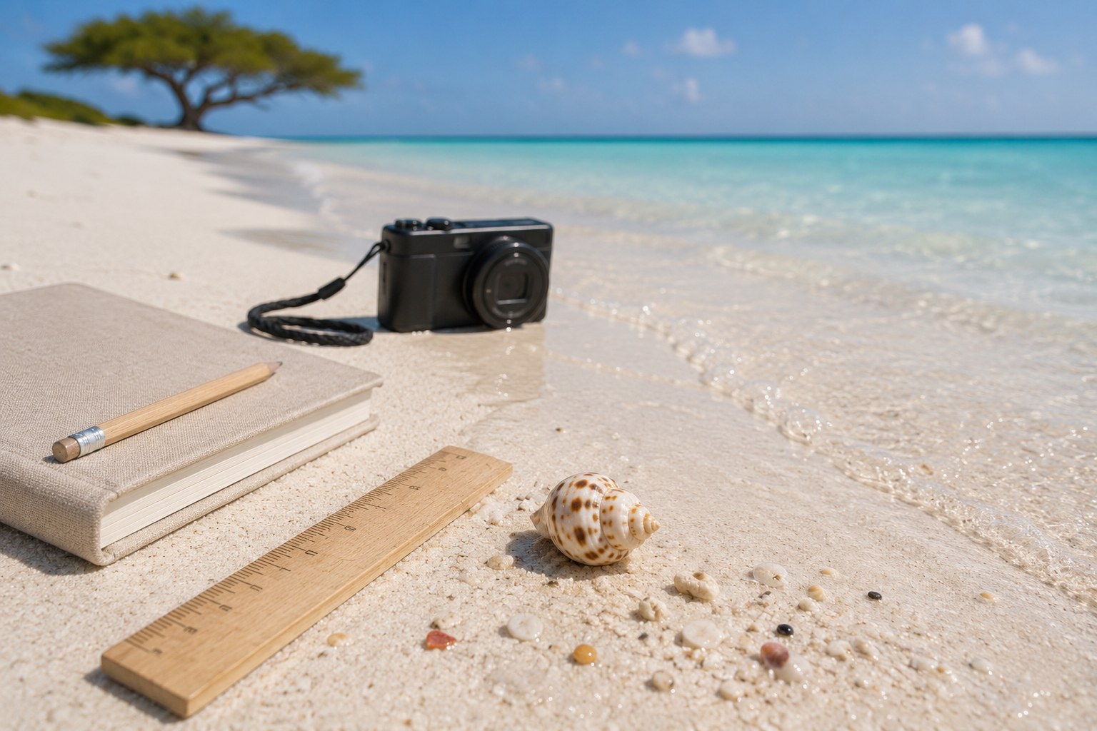 A single shell resting on pale sand beside a closed shell journal, a pencil, and a small camera