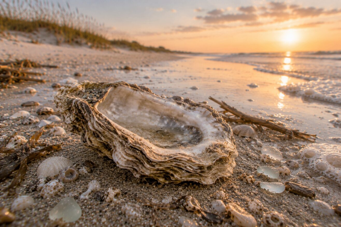 An Eastern oyster shell (Crassostrea virginica) — rough, layered valve in muted greys and whites on a neutral background.