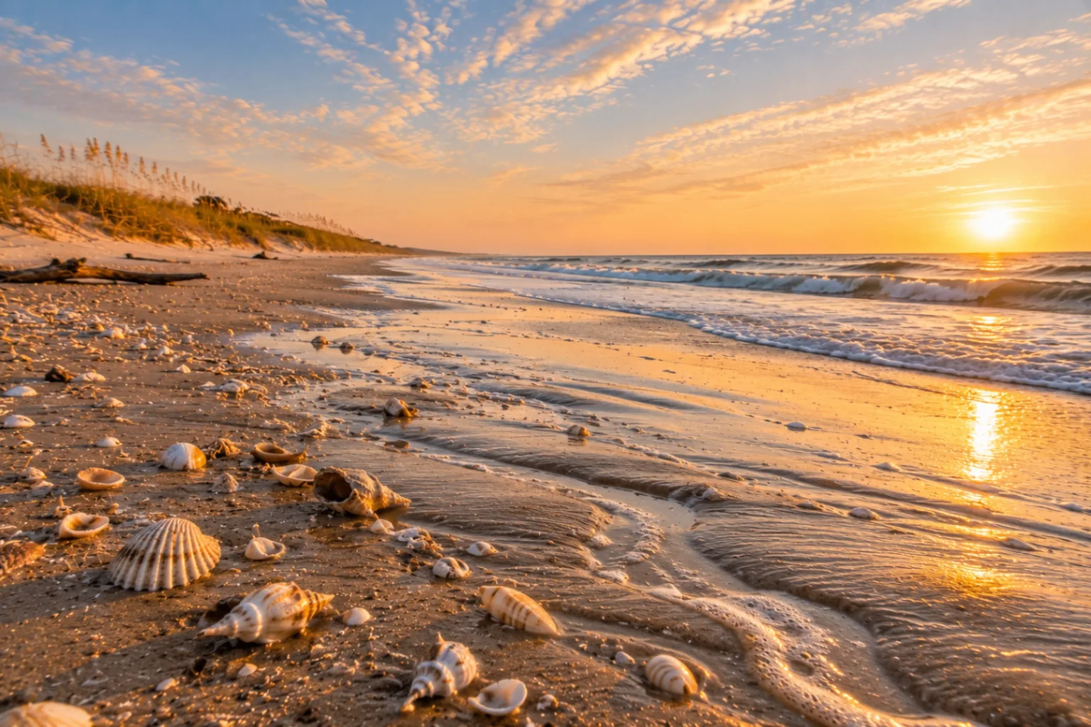 Edisto Beach's quiet Atlantic shoreline with weathered driftwood, live oaks behind the dunes, and shells across firm sand.