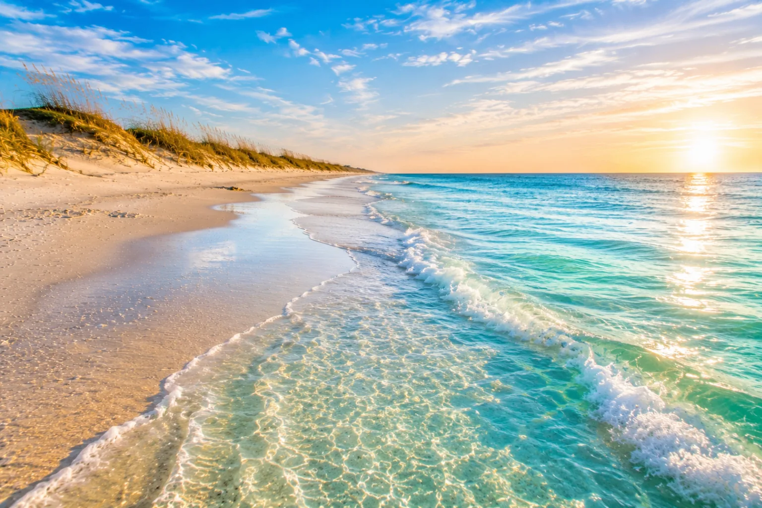 Emerald Isle's long Crystal Coast beach at low tide with sea oats on the dunes and a fresh wrack line of shells.