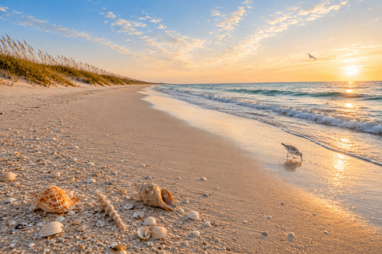 Emerald Isle at sunrise — a sanderling feeding at the surf line with whelks, an auger, and small clams scattered across the sand beneath sea-oat dunes on North Carolina's Crystal Coast.