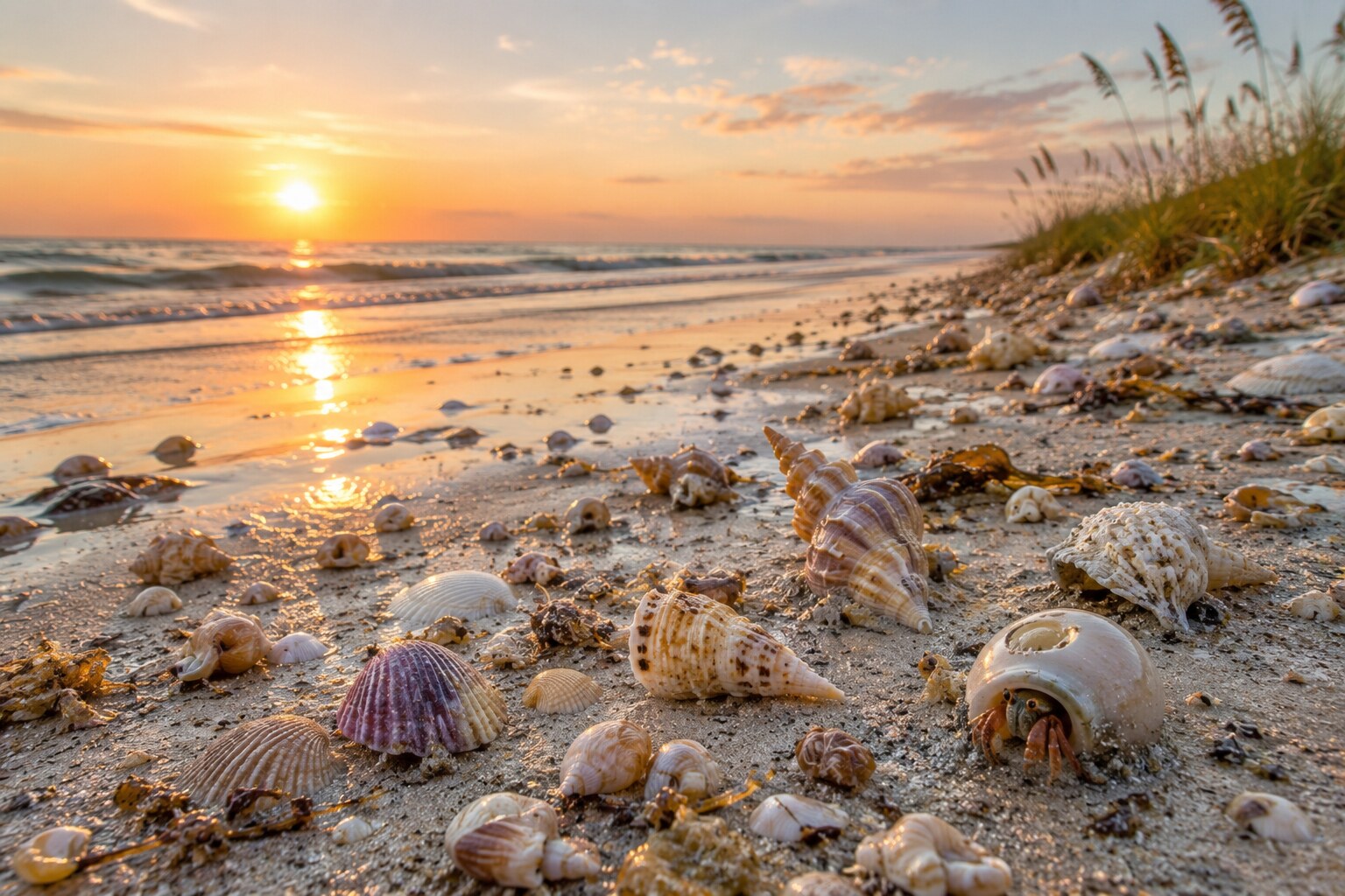 Beachcomber kneeling on the shoreline at golden light, carefully examining a single seashell