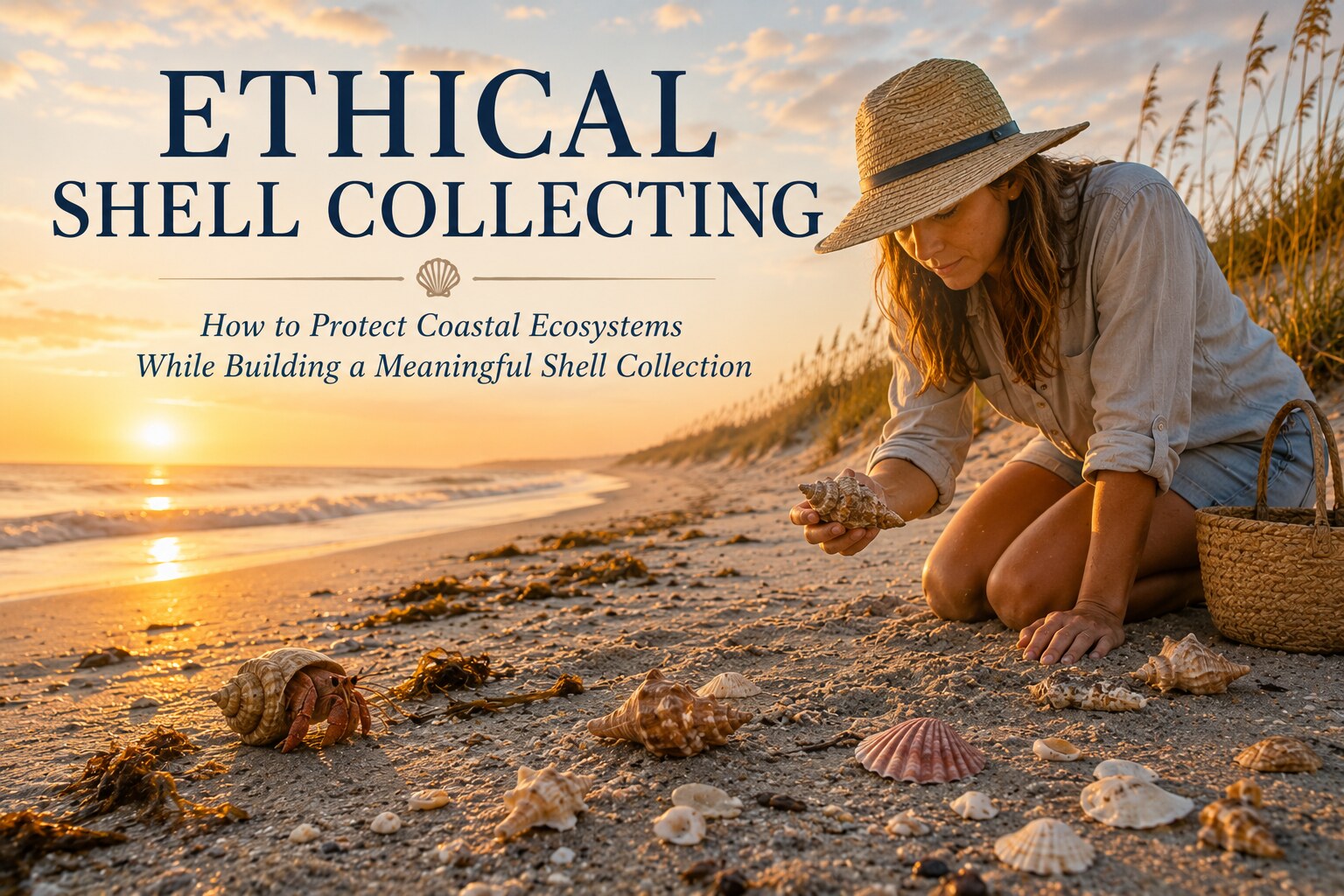 Beachcomber kneeling on the shoreline at golden light, carefully examining a single seashell