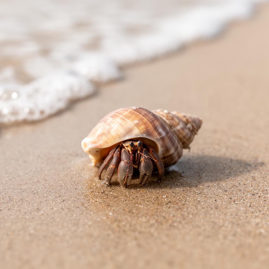 A small hermit crab peeking out of a spiral seashell on wet sand at the tideline