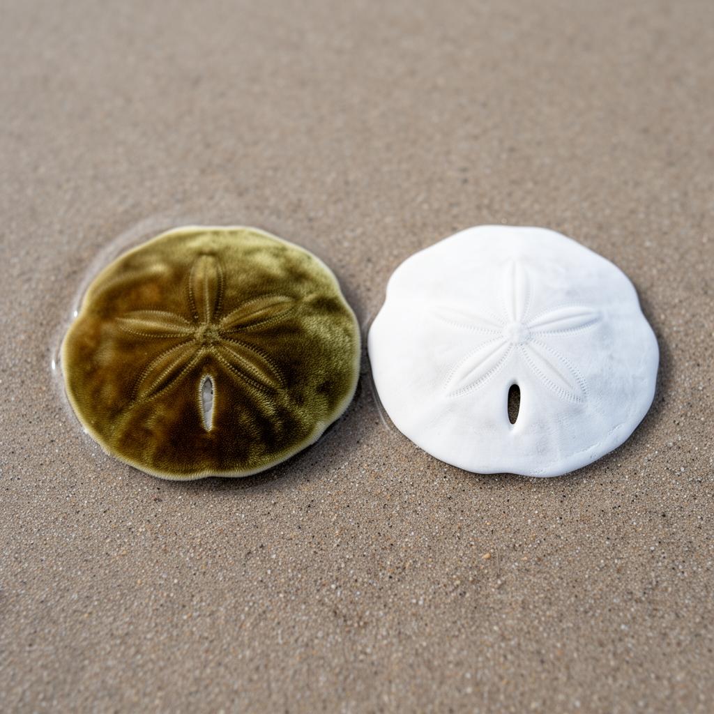A living brownish-green sand dollar beside a bleached white dead sand dollar on wet sand