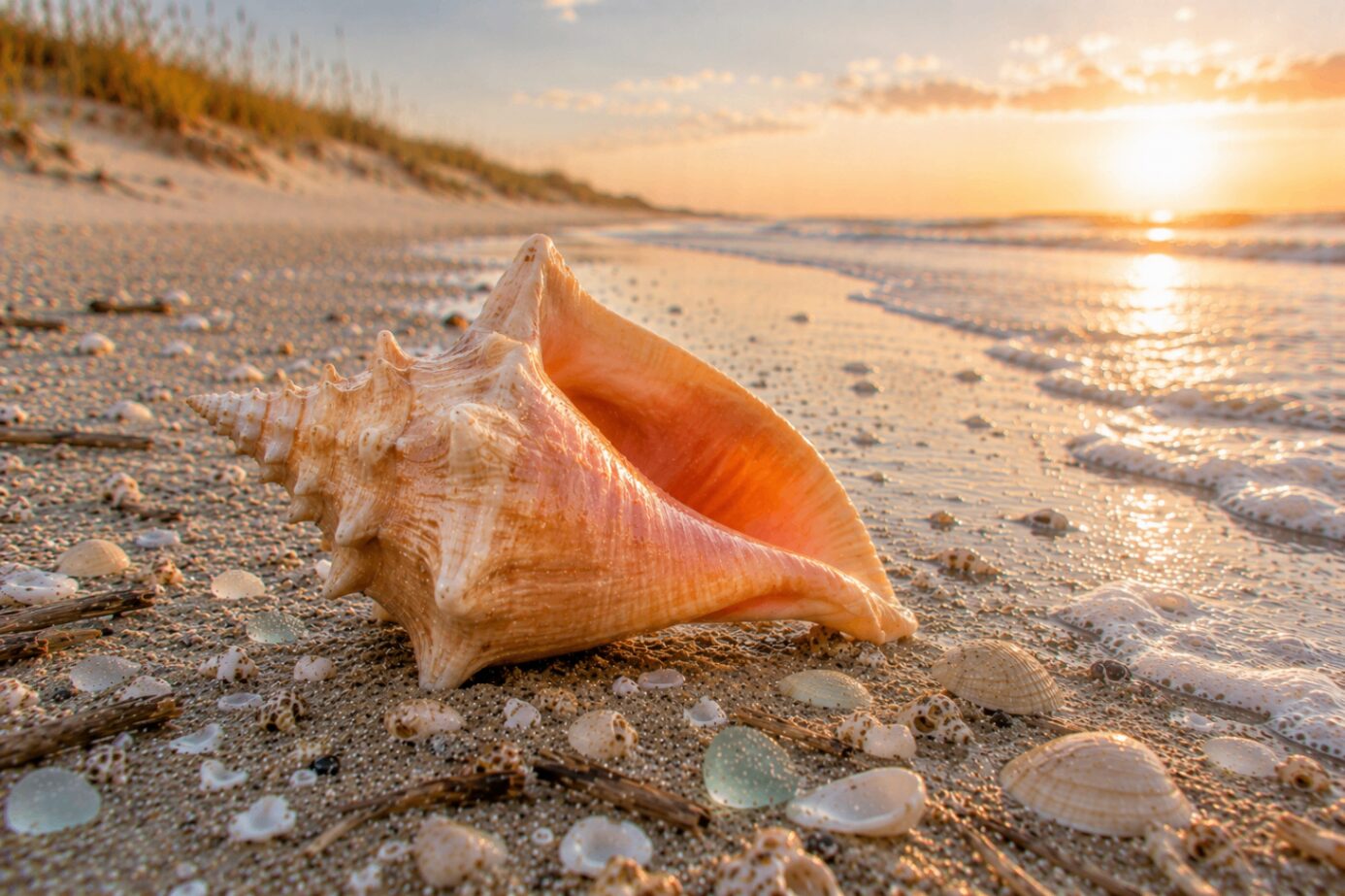 A Florida fighting conch shell — spiny spire and glowing peach aperture — on a shell-strewn beach at sunset.