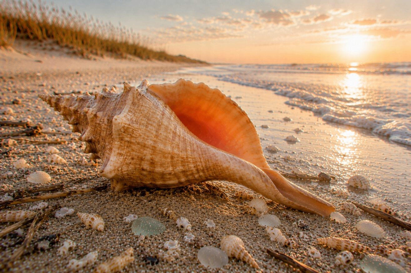 A large Florida horse conch, Florida's state shell, resting on sand at sunset with its orange aperture catching the last light.