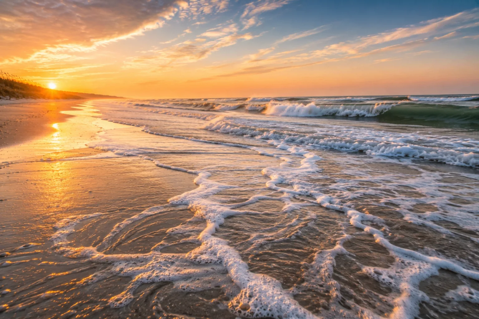 Folly Beach's Atlantic shore near Charleston at golden hour, with a wrack line of whelks, jingle shells, and small clams.