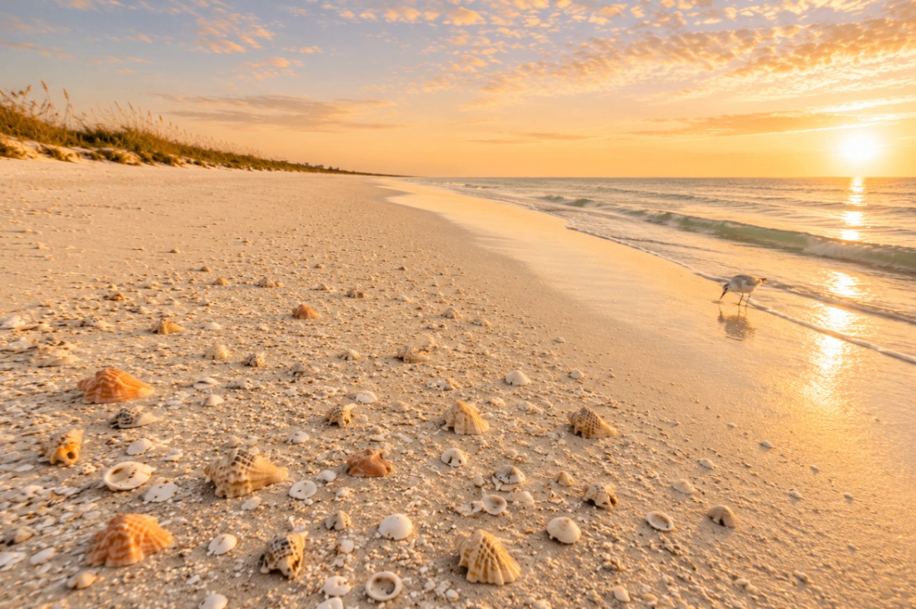 Fort Myers Beach at golden hour — a wide sweep of white sand covered in whelks and small shells with a lone tern at the water's edge.