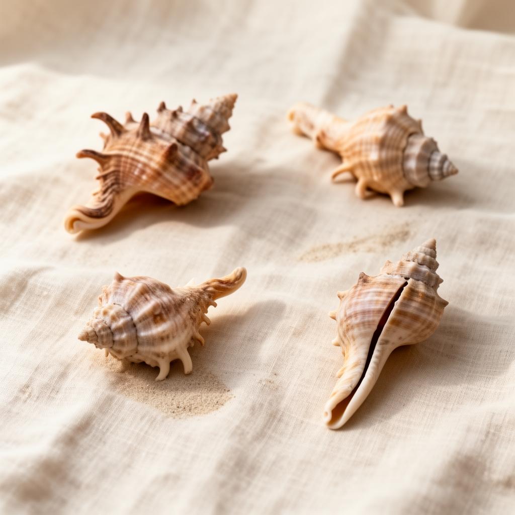 Museum-quality collection of freak shells including a twisted murex, crooked tulip shell, split-spine shell, and unusual whelk on cream linen