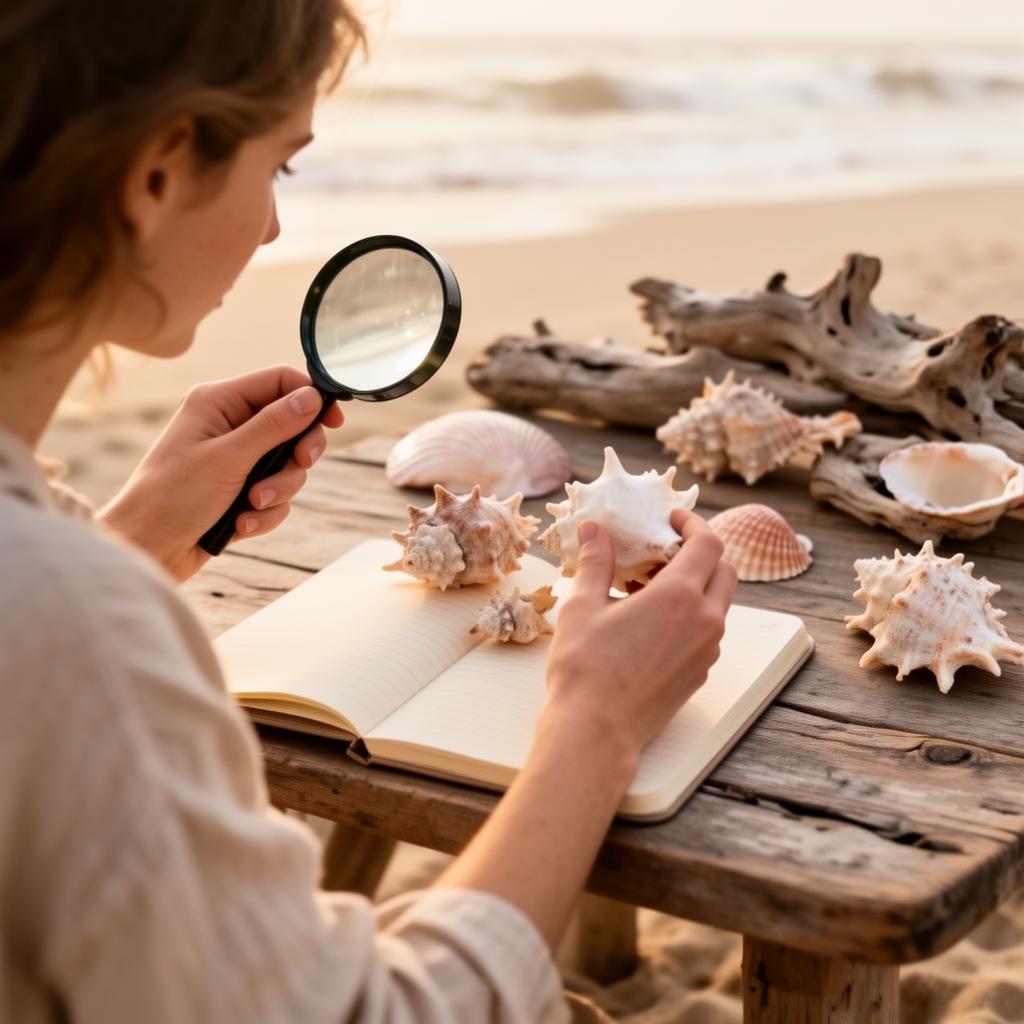 Collector examining unusual shells with a magnifying glass and notebook on a driftwood table at the beach