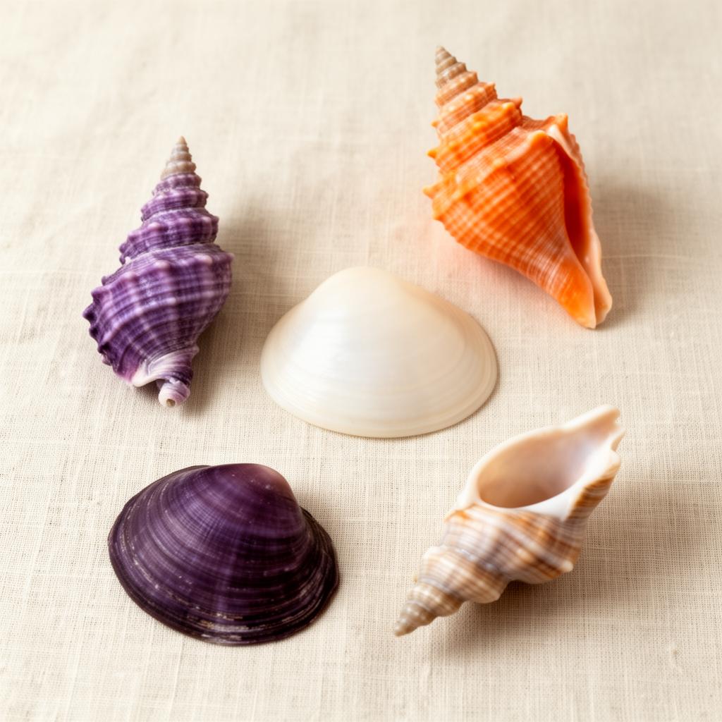 Museum specimen layout of color-variation freak shells — purple auger, orange-ribbed cantharus, albino shell, dark purple shell, and twisted tulip