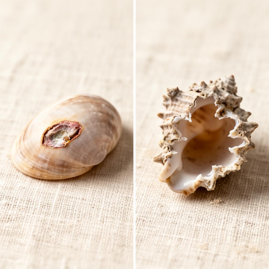 Macro comparison of a smooth repaired shell scar on the left and a broken wave-damaged shell on the right