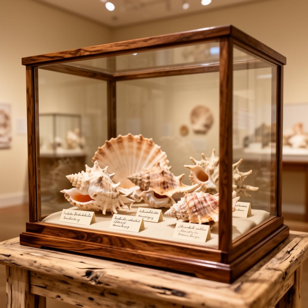 Premium wooden and glass display case featuring unusual rare shell specimens with handwritten collector labels