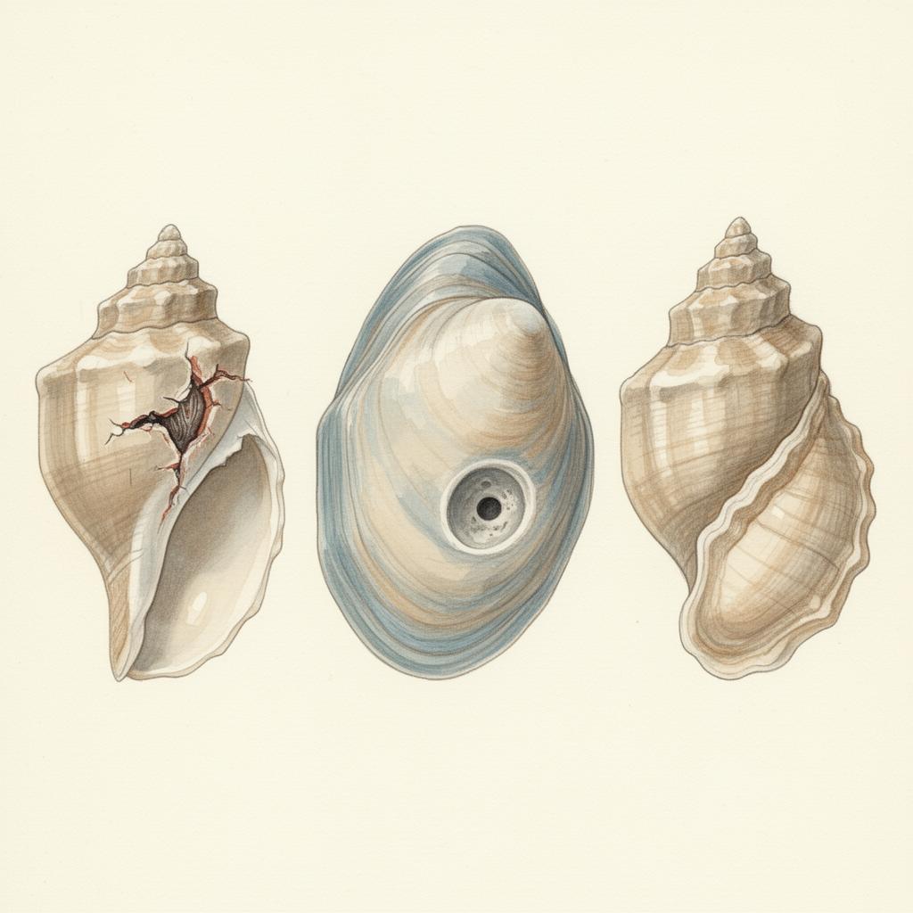 Natural history illustration showing a crab crush scar, a moon snail drill hole, and a repaired shell growth ridge