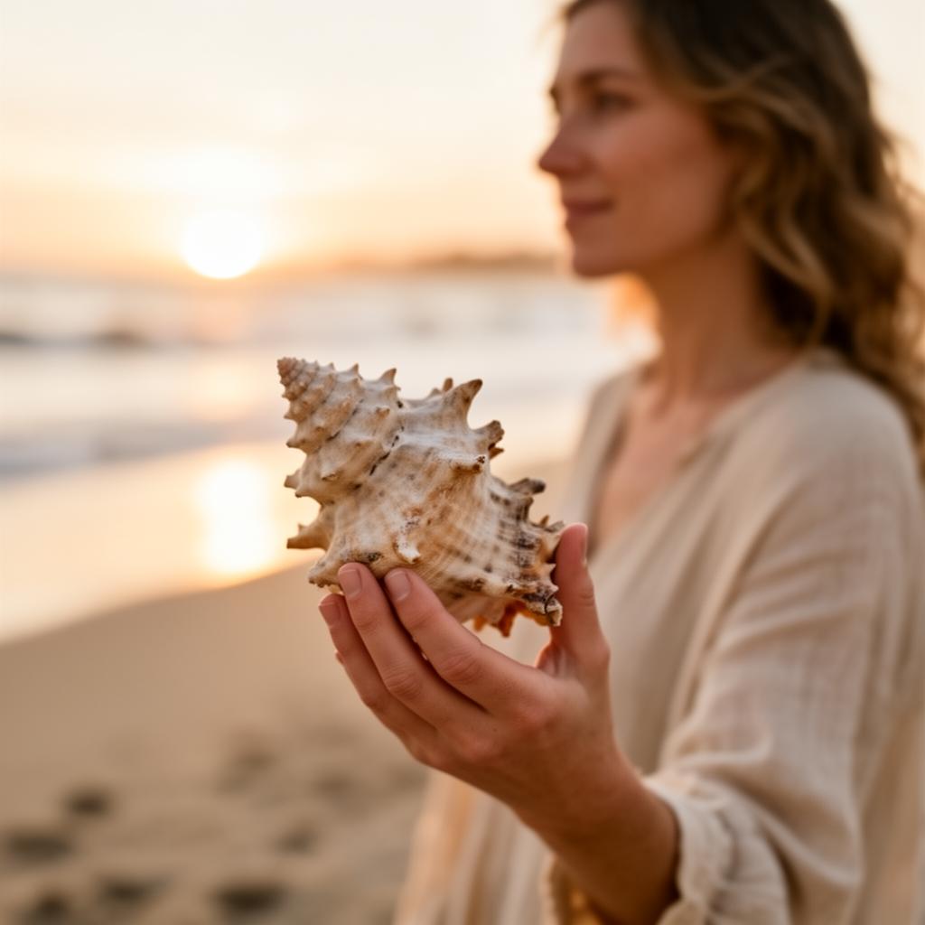 Beachcomber holding an unusual shell at sunrise with the shoreline softly blurred in the background