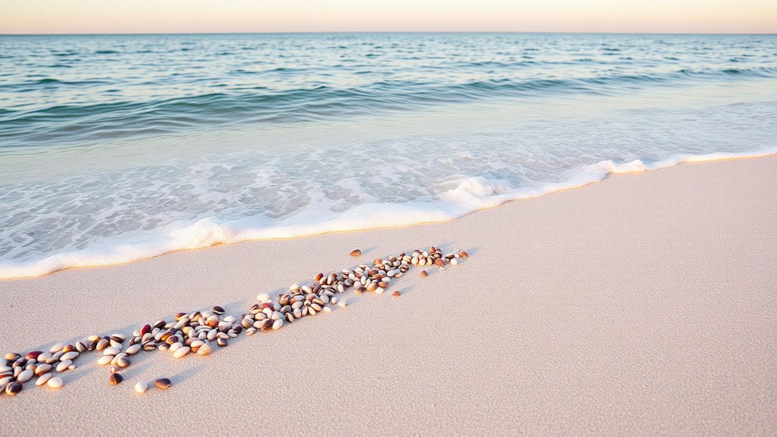 Gulf Shores, Alabama — a wide white-sand beach and calm Gulf water with a curve of small coquina shells at the swash zone.