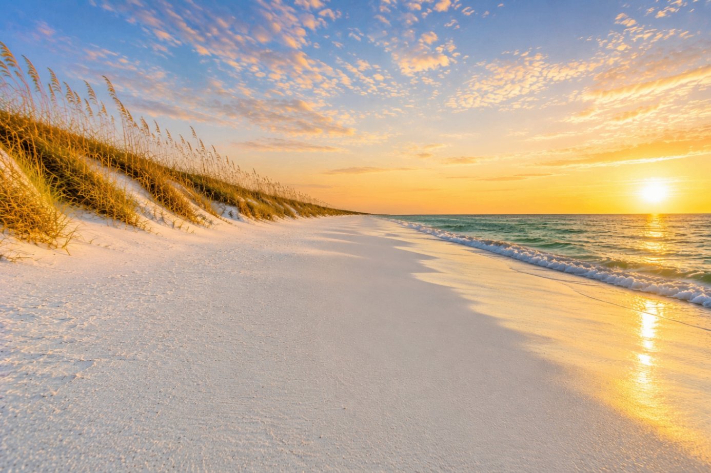 Gulf Shores, Alabama — a wide white-sand beach and calm Gulf water with a curve of small coquina shells at the swash zone.