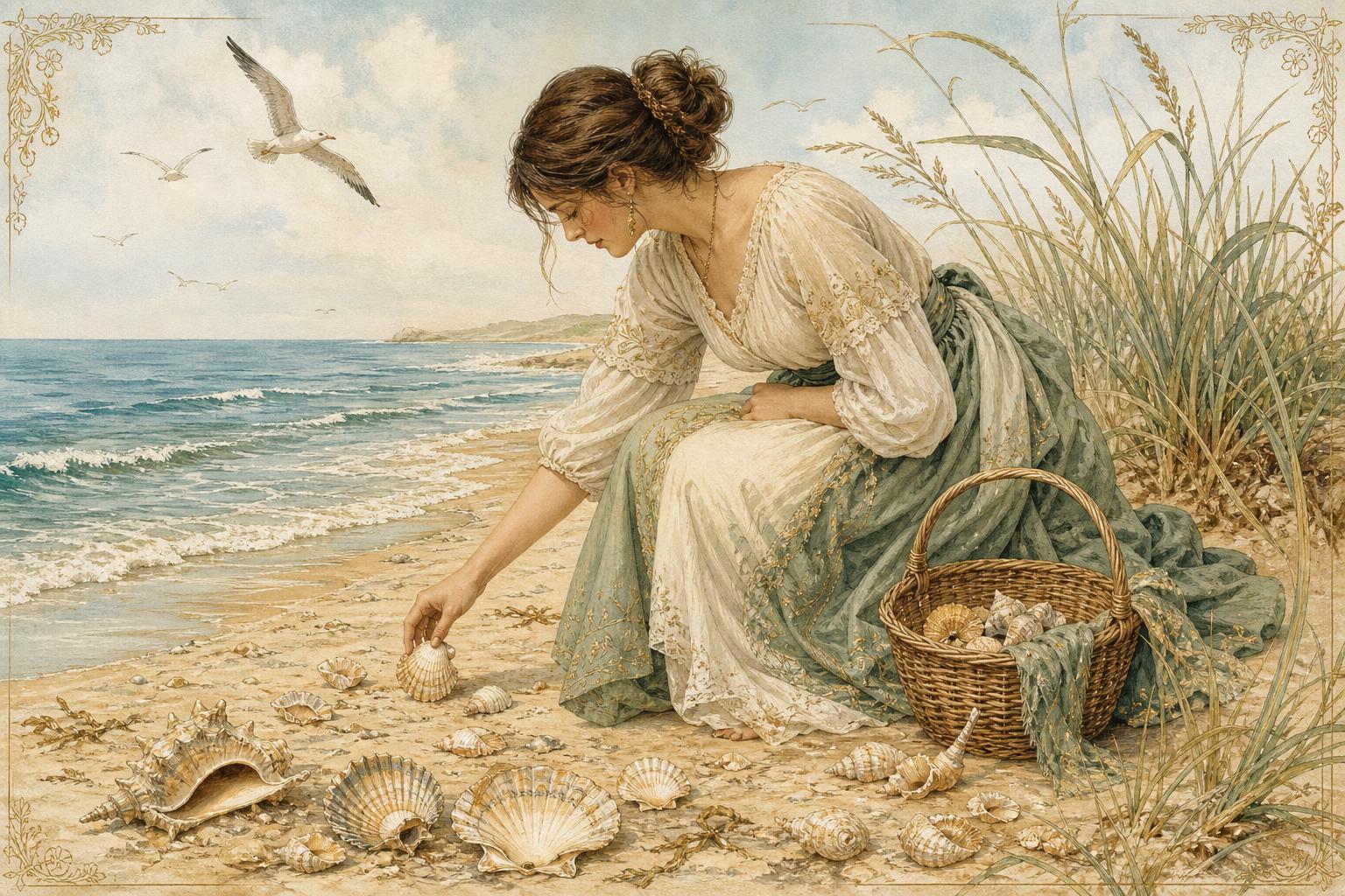 Illustration of a woman gathering seashells along the shore