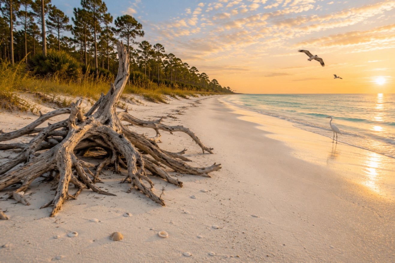 Honeymoon Island State Park at sunrise — driftwood, an ibis, and a scatter of whelks along a quiet Gulf beach edged by pines.