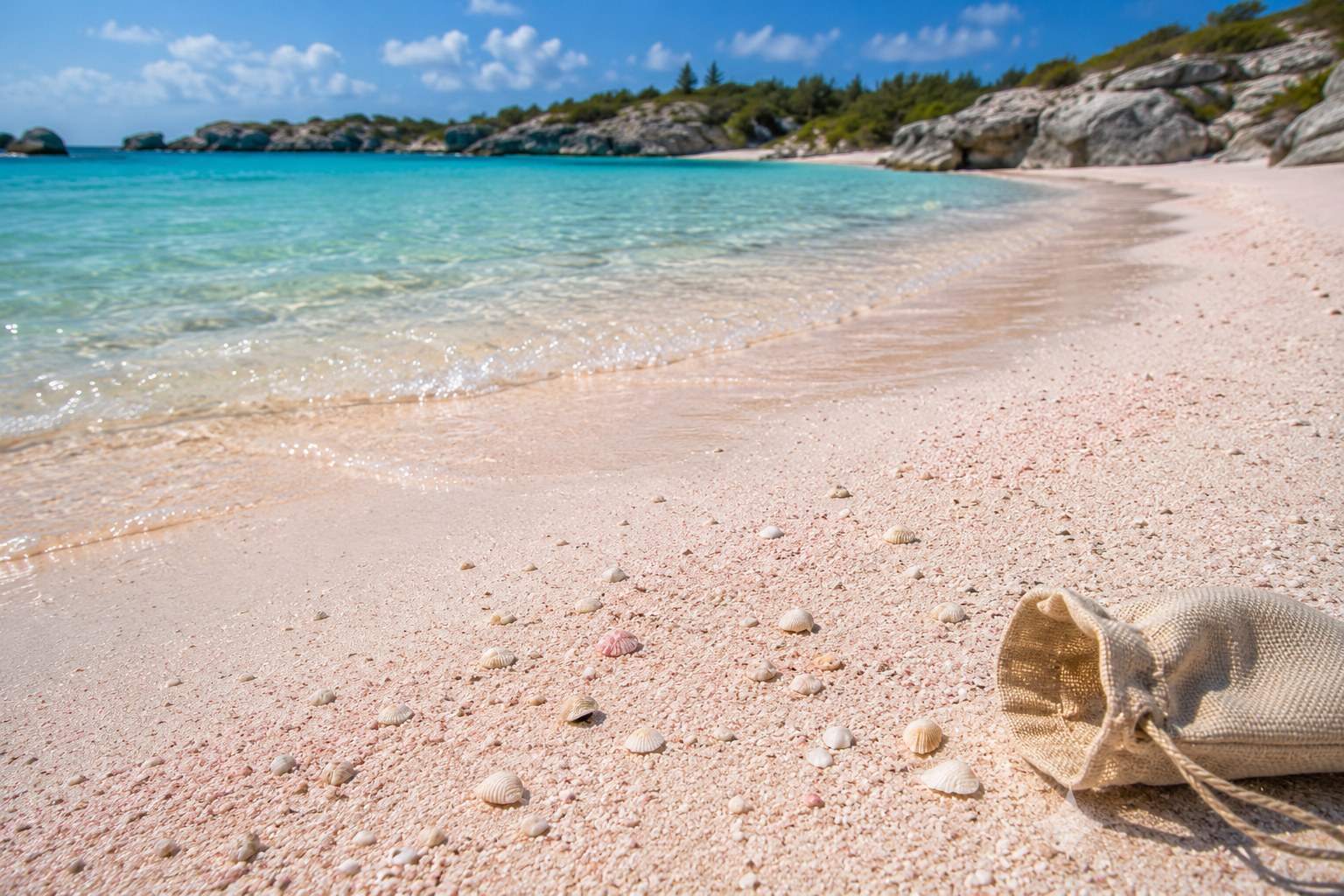 Horseshoe Bay in Bermuda with pale pink sand, turquoise water, and natural limestone formations