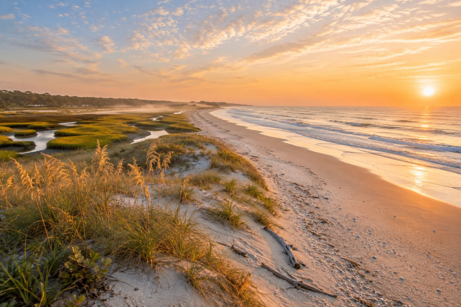 Huntington Beach State Park in South Carolina — a wide sandy Atlantic beach with the marsh and jetty in the distance.