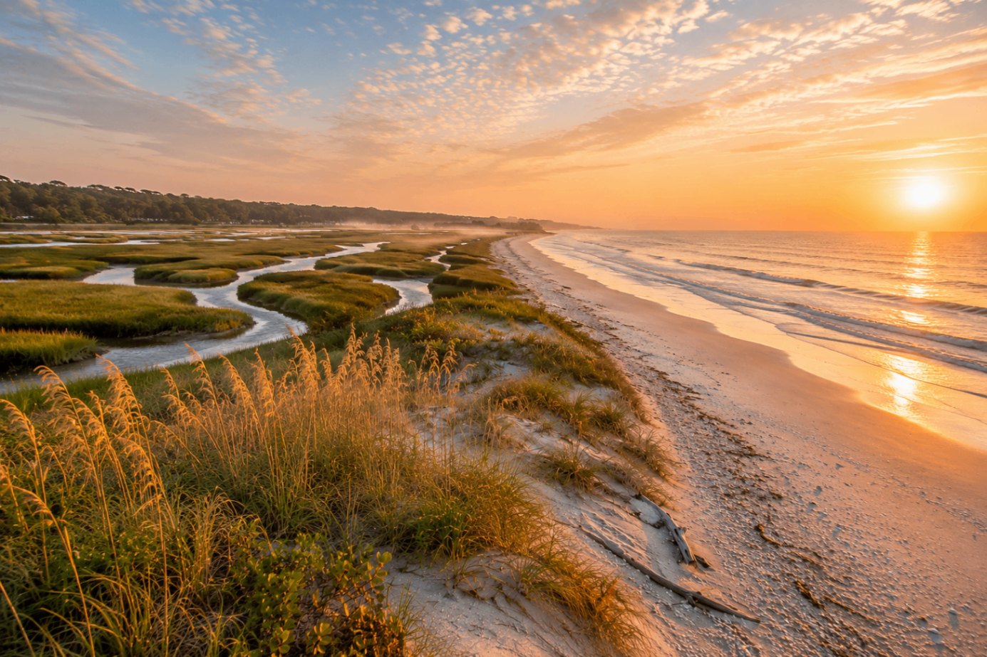 Huntington Beach State Park at sunrise — golden salt-marsh channels wind beside sea-oat dunes and a warm-lit South Carolina Atlantic shore.