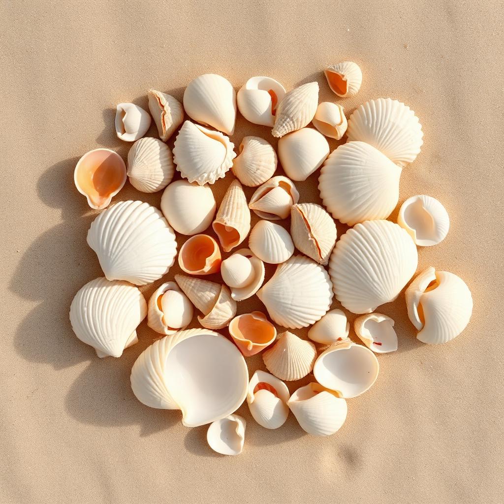 A group of bivalve shells — clams, scallops, and arks — including separated half shells on sand