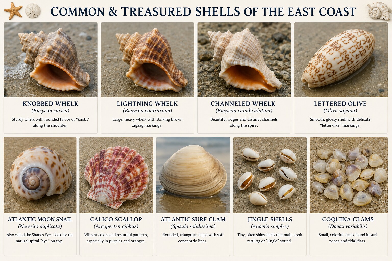 Illustrated chart of common East Coast shells — knobbed, lightning, and channeled whelks, lettered olive, Atlantic moon snail, calico scallop, Atlantic surf clam, jingle shells, and coquina clams — labeled with names