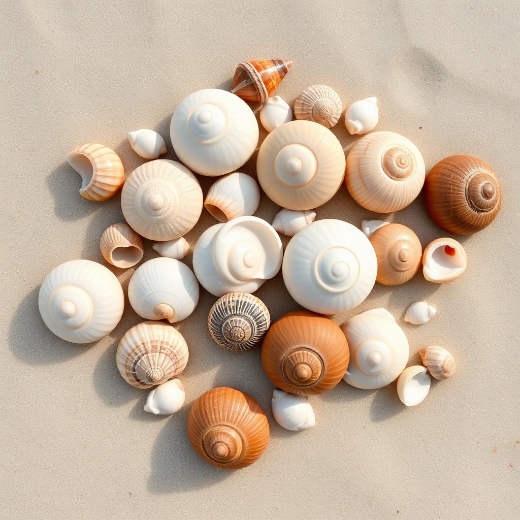 A group of spiral gastropod shells — whelks, olives, and moon snails — on pale beach sand