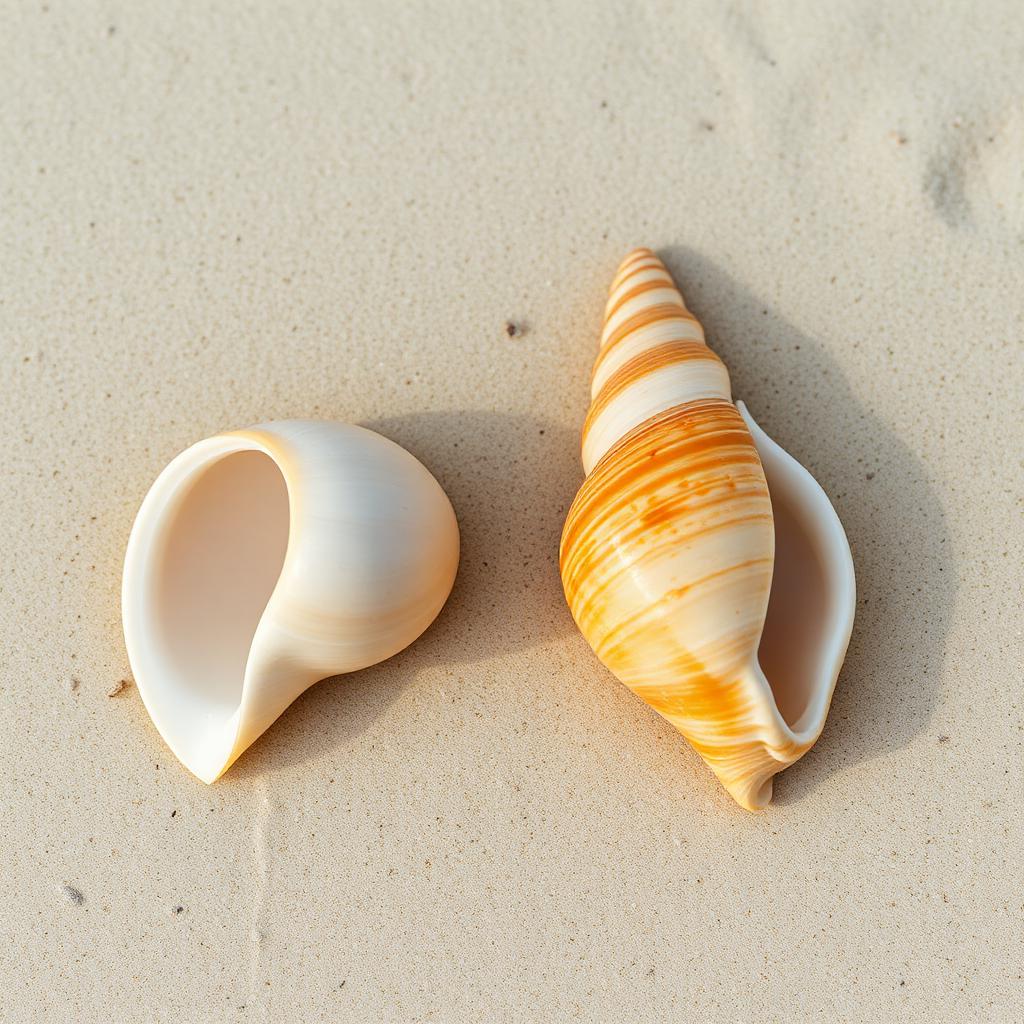 A broad-apertured whelk beside an elongated notched conch on sand for comparison