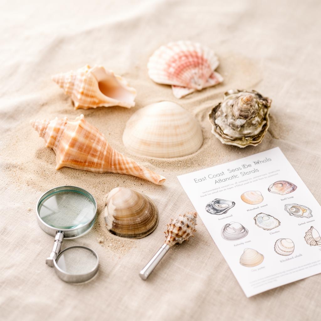 Assortment of East Coast seashells spread across pale beach sand