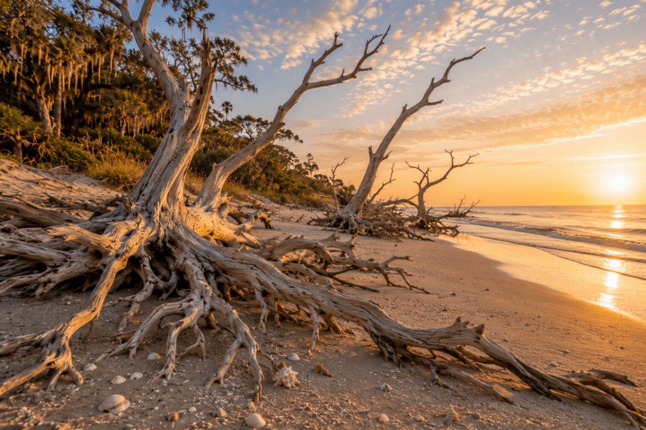 Jekyll Island's Driftwood Beach at sunrise — bleached sculptural driftwood on wide sand with soft Atlantic surf beyond.