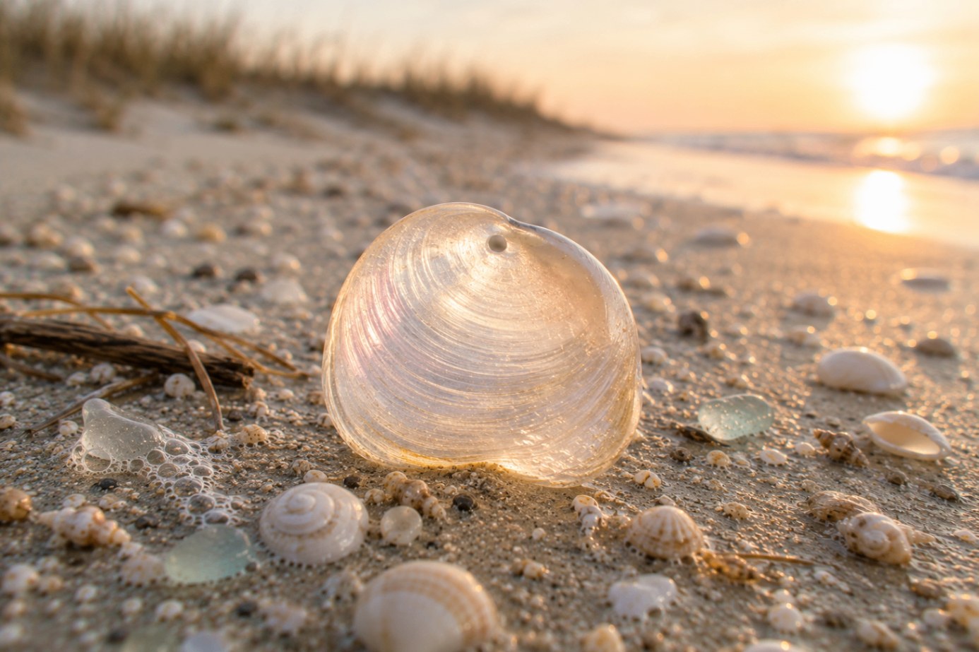 A translucent Atlantic jingle shell (Anomia simplex) — thin, pearly, and lightly iridescent on a neutral background.