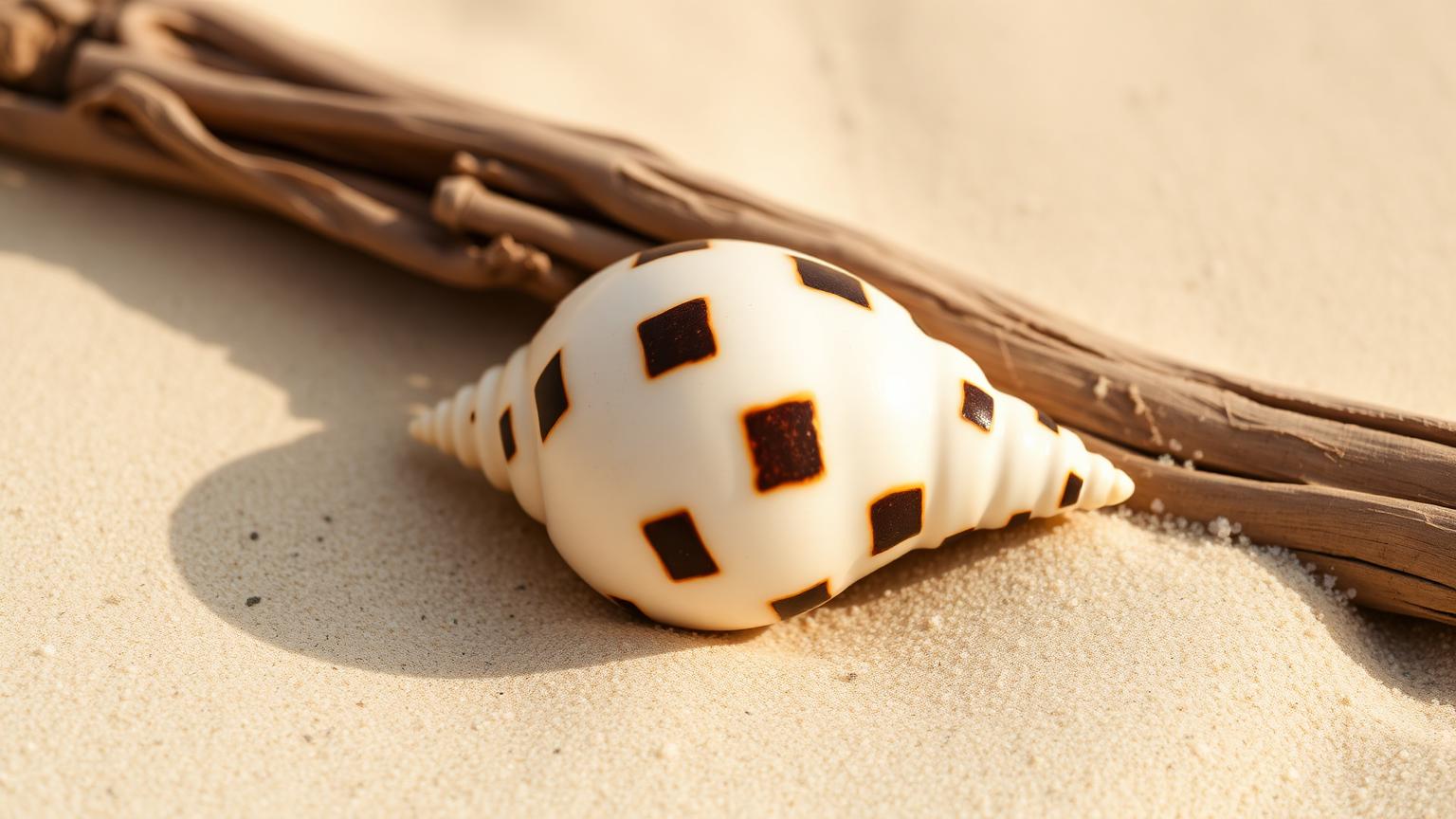 A junonia volute — glossy cream body with regular rows of chocolate-brown spots — beside driftwood on Gulf sand.