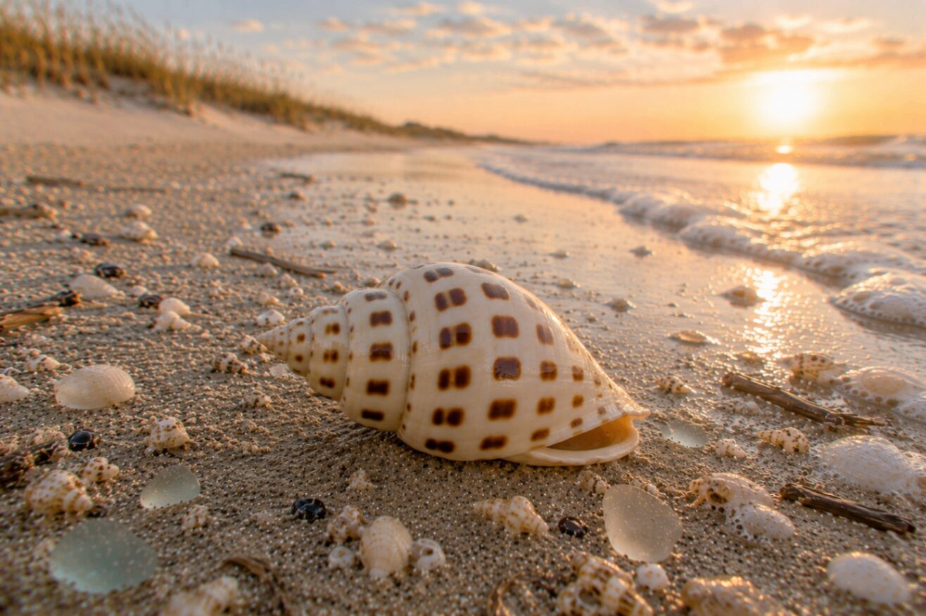 A junonia volute — glossy cream body with regular rows of chocolate-brown spots — beside driftwood on Gulf sand.