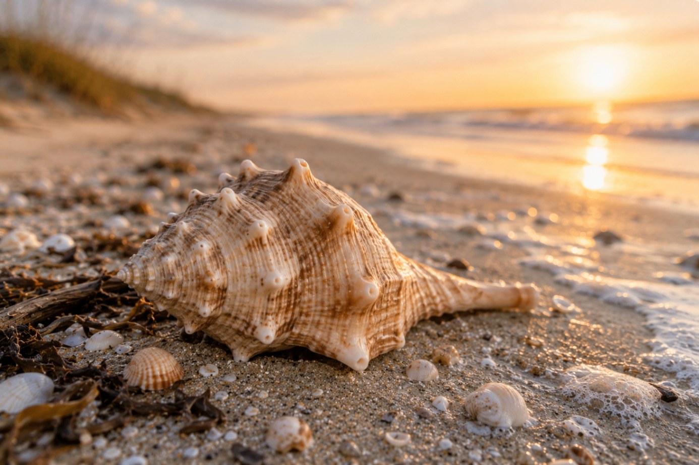 A knobbed whelk (Busycon carica) photographed against a neutral background — cream body with rows of blunt knobs along the shoulder.