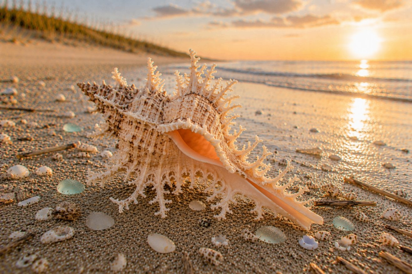 A lace murex shell with intricate lacy frills and cream-and-brown detailing on sand at sunset, tiny shells and sea glass around it.