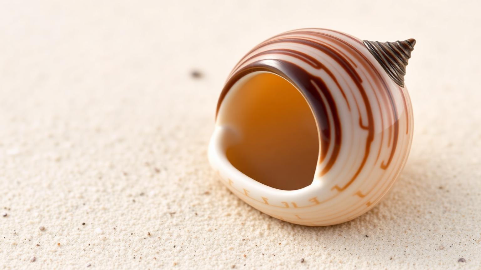 A polished lettered olive shell showing its cylindrical body and fine zigzag markings on cream and brown.