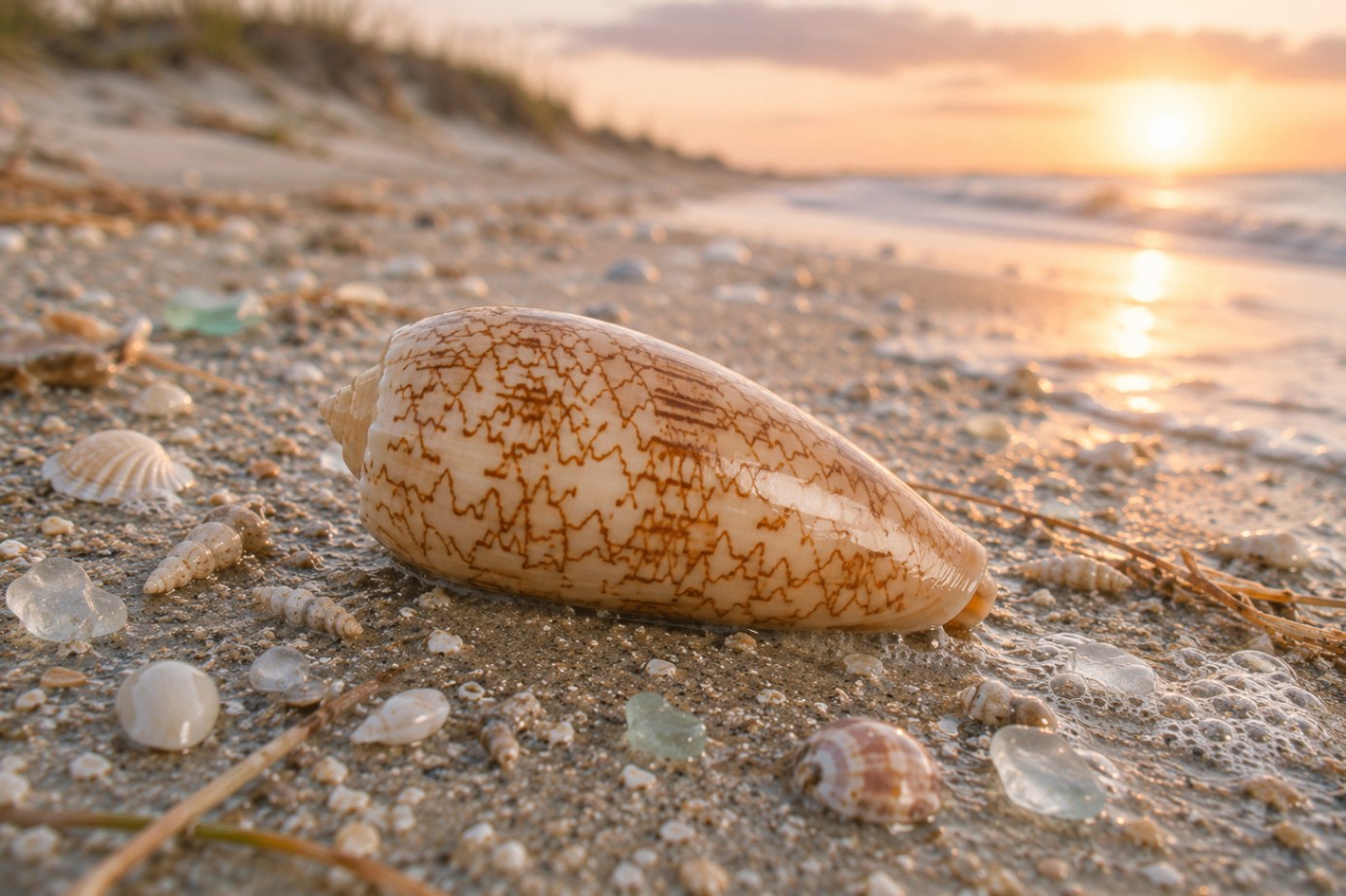 A polished lettered olive shell showing its cylindrical body and fine zigzag markings on cream and brown.