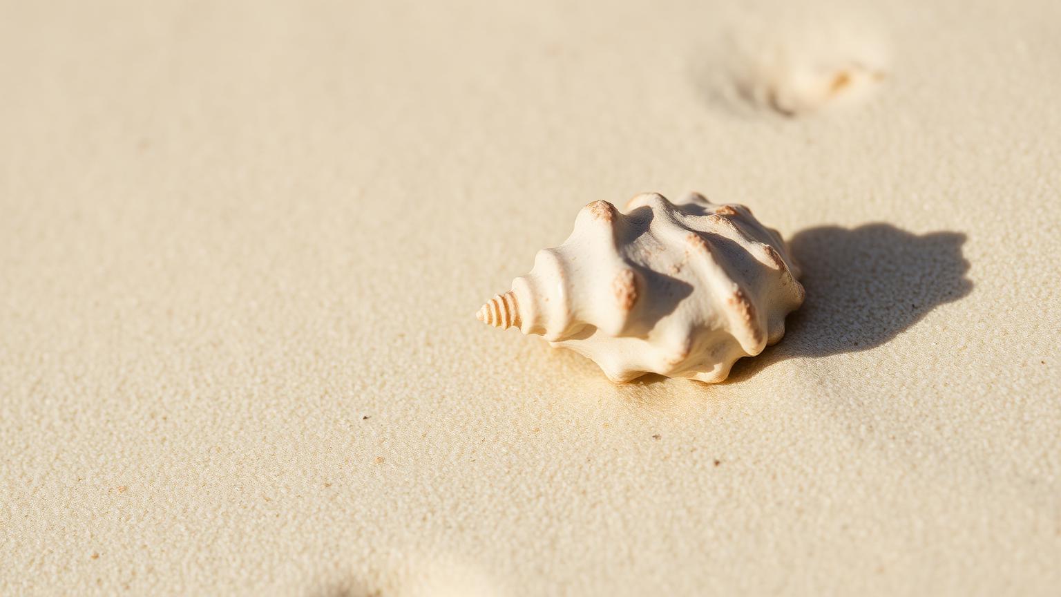 A single lightning whelk resting on pale sand — its sinistral spire catching warm afternoon light.