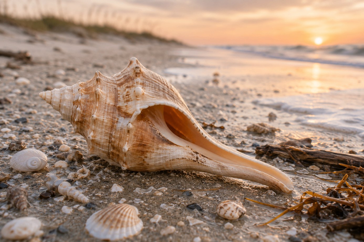 A single lightning whelk resting on pale sand — its sinistral spire catching warm afternoon light.