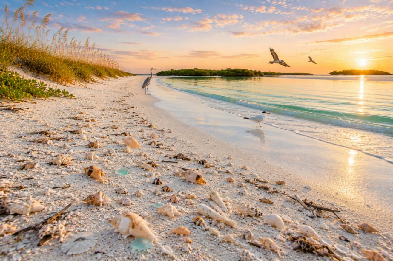 Marco Island at sunrise — a heron, tern, and mangrove islet along a shell-piled Gulf shoreline with soft pink light.