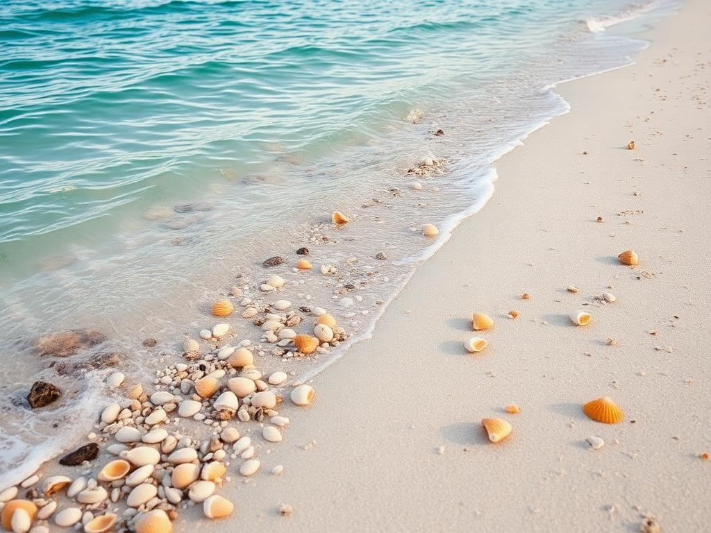 A shell-strewn tropical Mexican shoreline with calm Caribbean-blue water and white sand