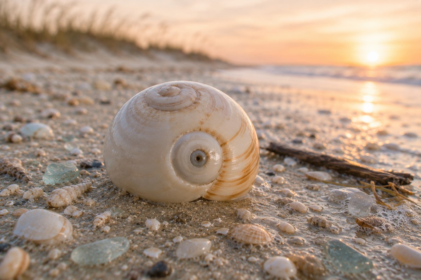 A moon snail shell — almost spherical with a low spire — beside a small drilled clam on pale sand.
